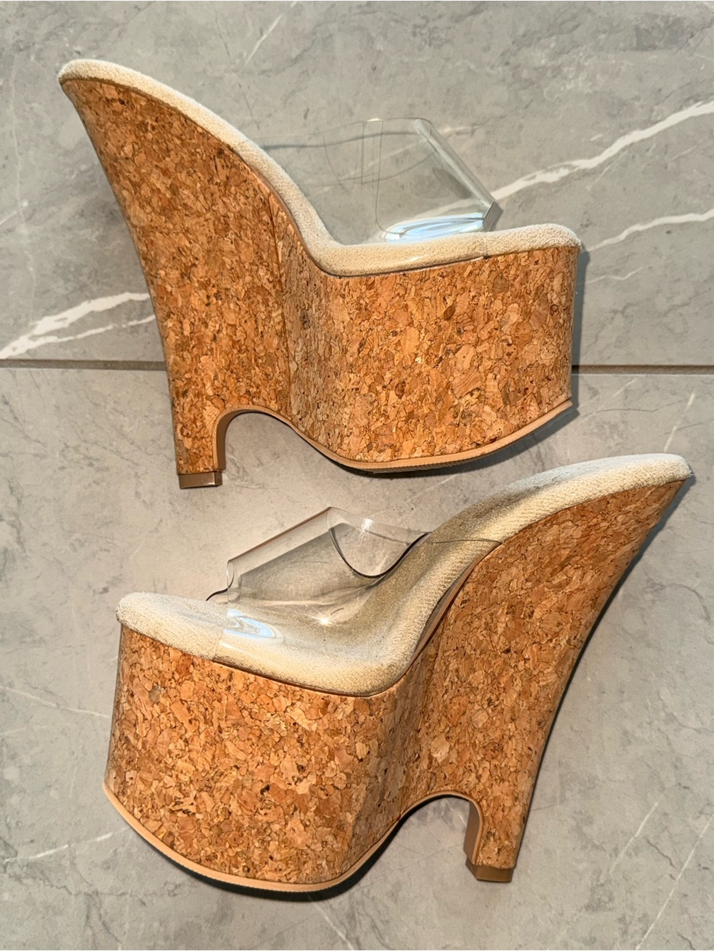 Pleaser Cork Platform Wedge Sandals with Clear Strap - Natural/Tan